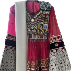 Pink and White Afghan Kuchi Dress, Traditional, 3 Piece, Size Medium